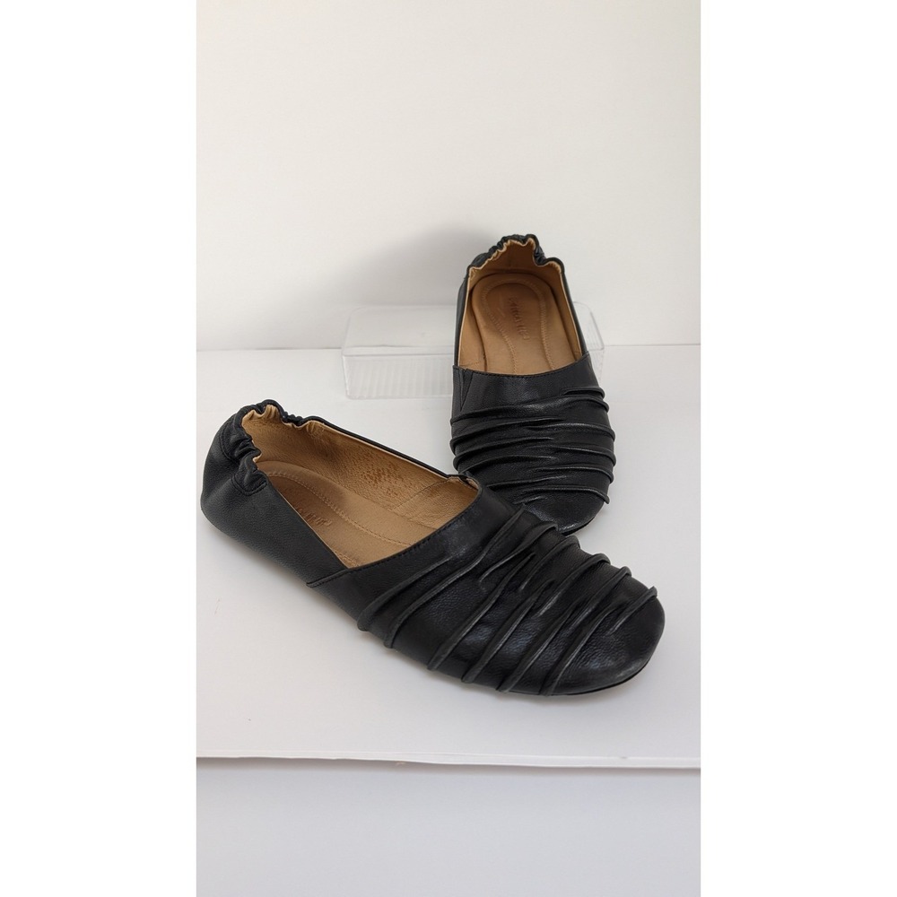 Chocolat Blu Gaby Black Leather Pleated Ruched Ballet Flats Shoes Womens 8